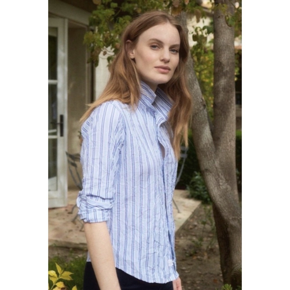 Frank & Eileen Barry‎ Blue Striped Button Up Shirt L Luxury Minimalist Capsule